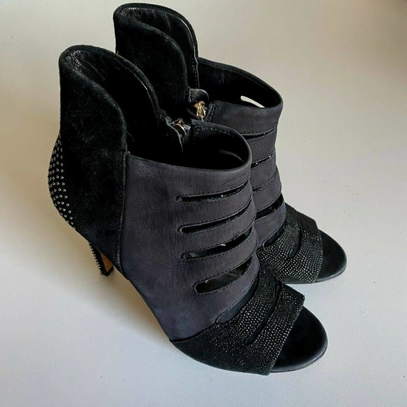 Rebecca Minkoff Reagan Too Peep Toe Combo Bootie heel Stud Cut Out Black… - Picture 2 of 8